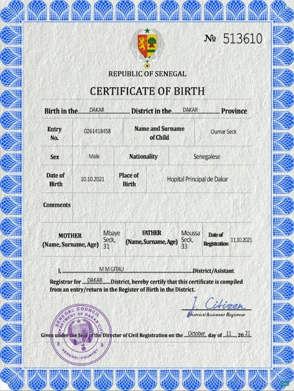 Download Senegal birth certificate PSD template Photoshop template